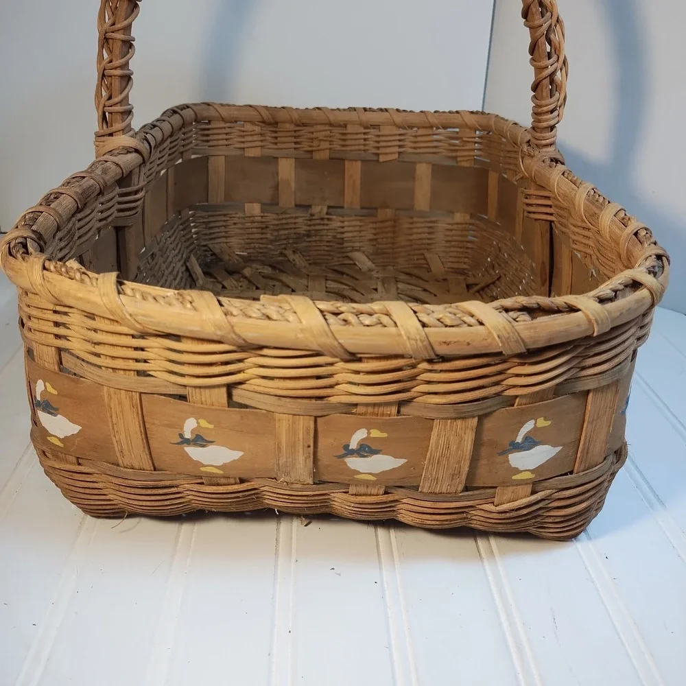 Vintage Woven Basket Goose Geese W/ Handle Large Cottage Core Rustic Farmhouse